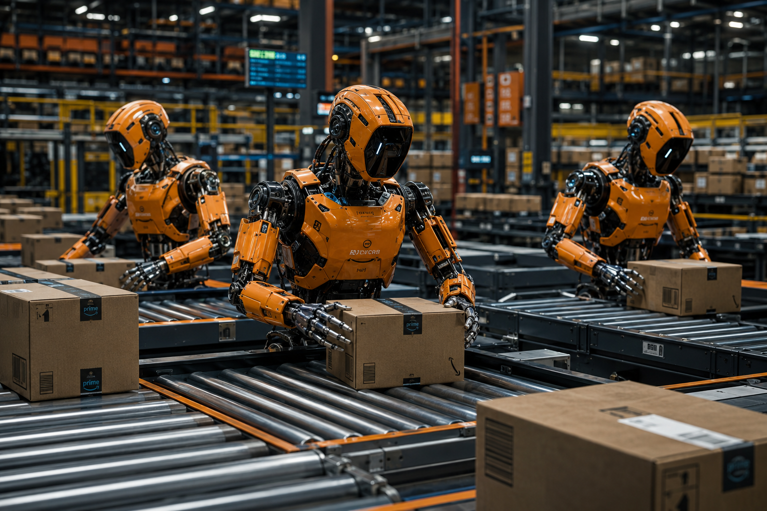 Humanoid robots working in a logistics warehouse